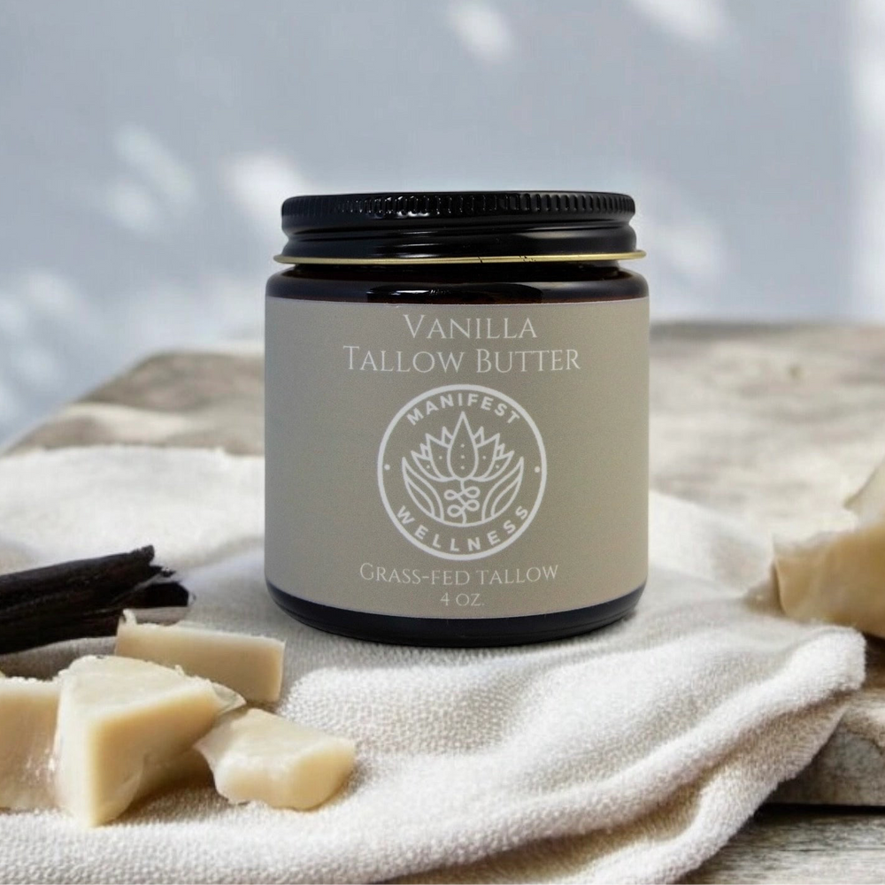 Vanilla tallow butter in 4 ounce amber jar. 