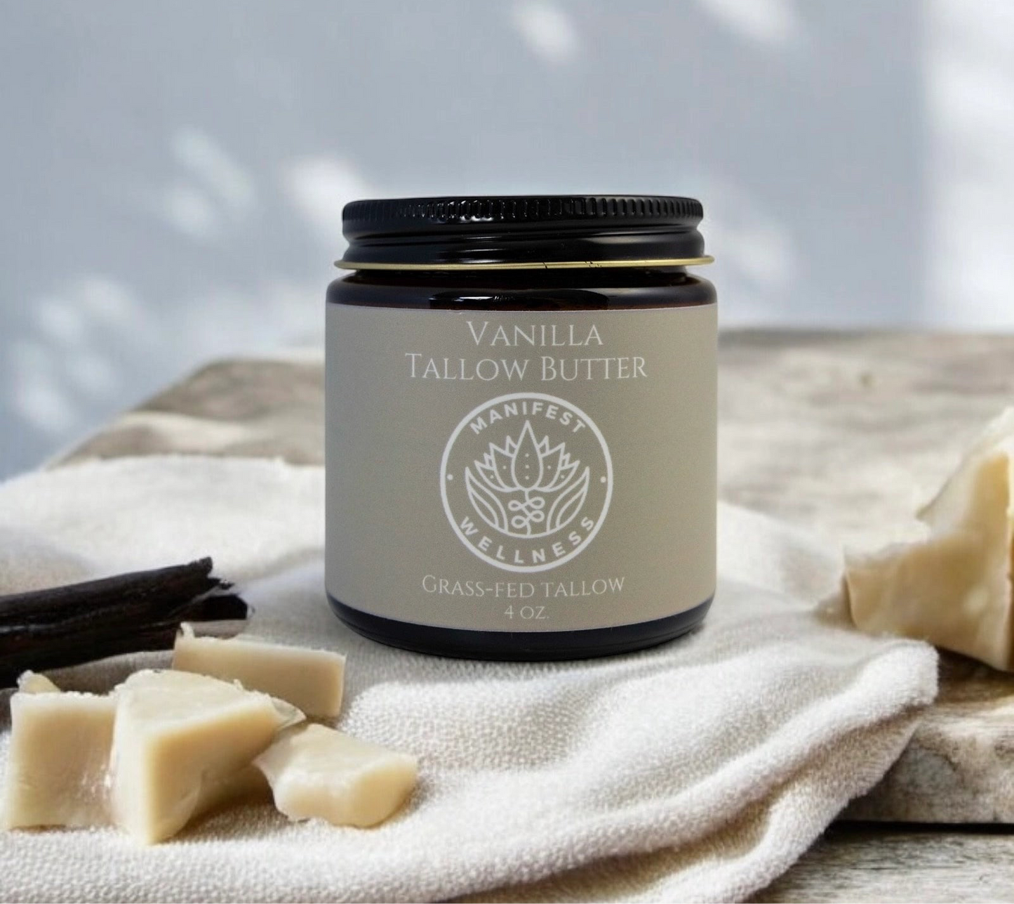 Vanilla tallow butter in 4 ounce amber jar. 