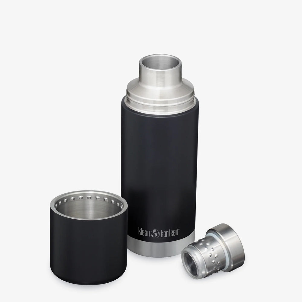 25 ounce black thermos with pour spout and lid. 