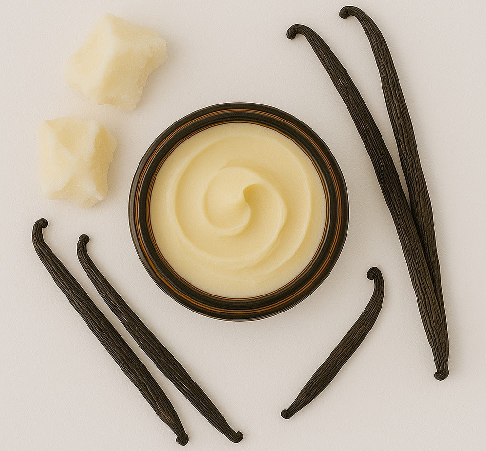 Top view of tallow butter with vanilla beans and tallow chunks sitting next to it.