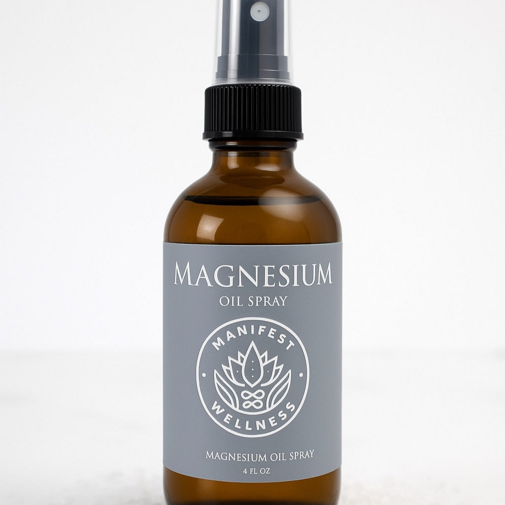Unscented magnesium oil in amber spray bottle. 