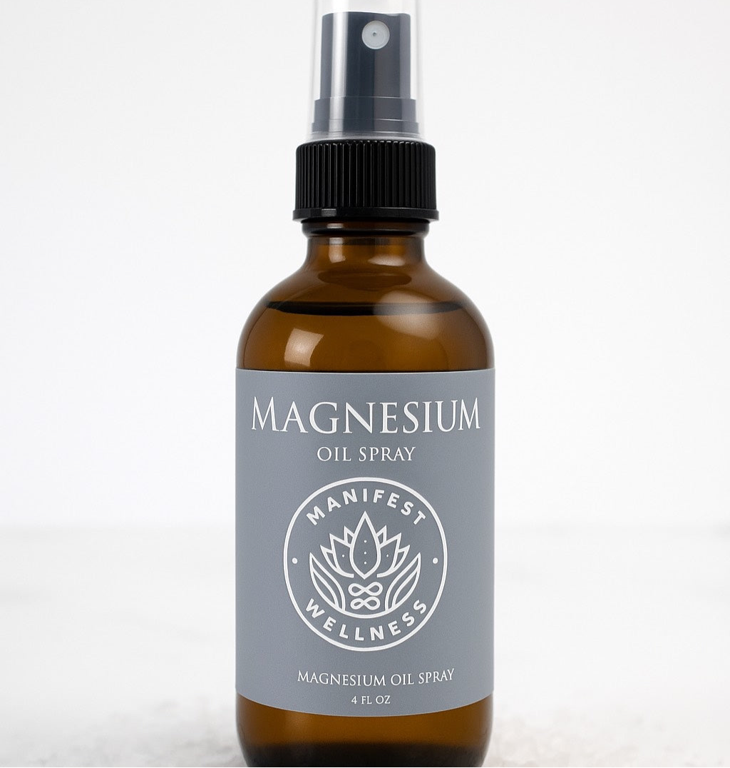 Unscented magnesium oil in amber spray bottle. 