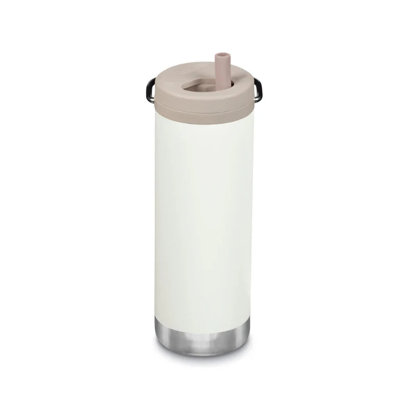 Solid white 16 ounce with straw twist cap insulated bottle.