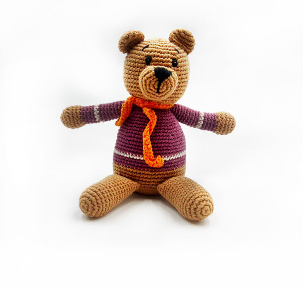 Organic cotton teddy bear with purple shirt and orange scarf plush doll.