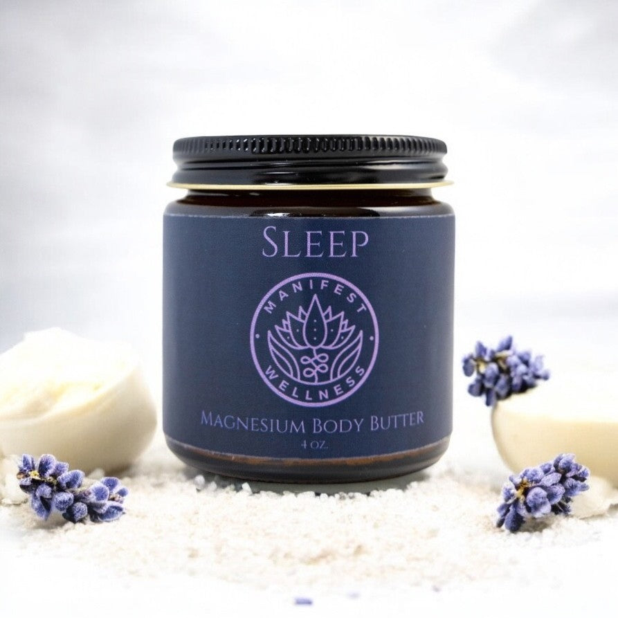 Sleep time magnesium body butter in amber jar. 