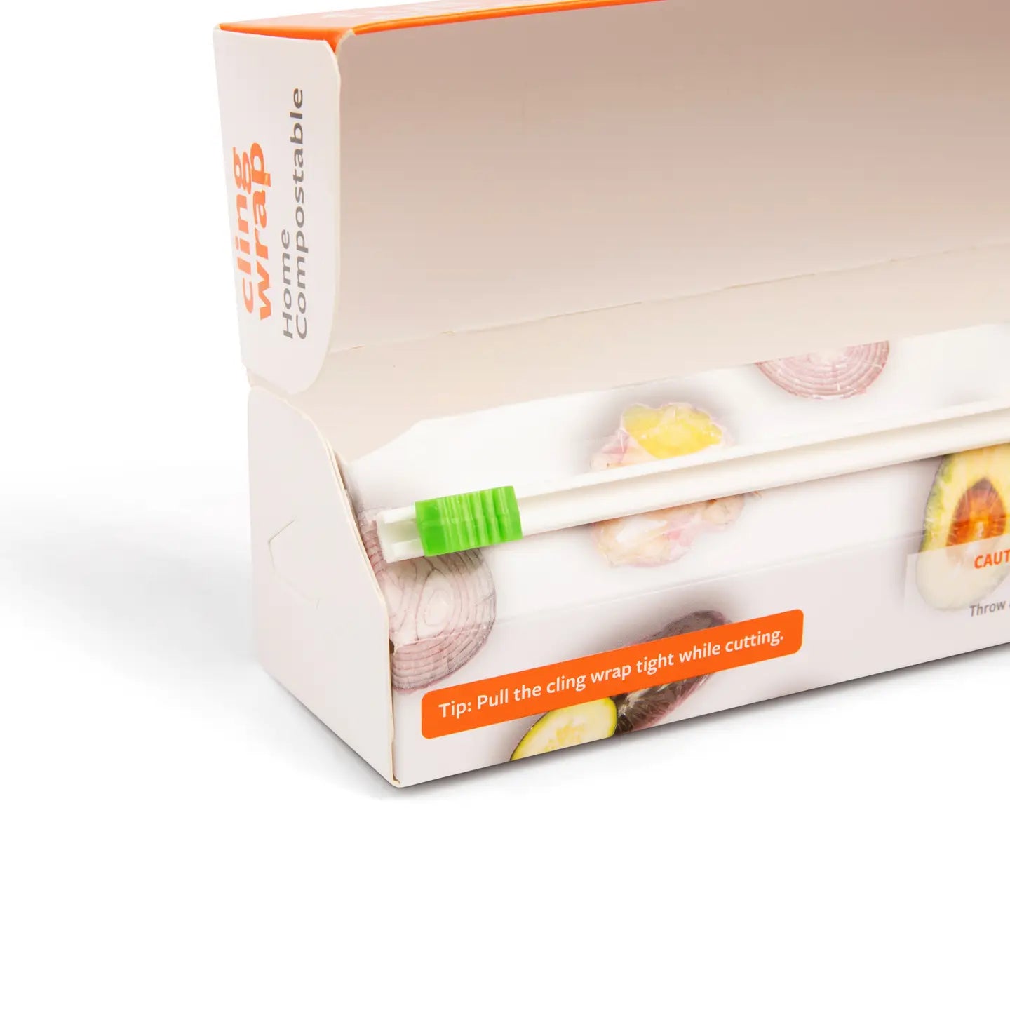 Cling wrap container with cutting tool 