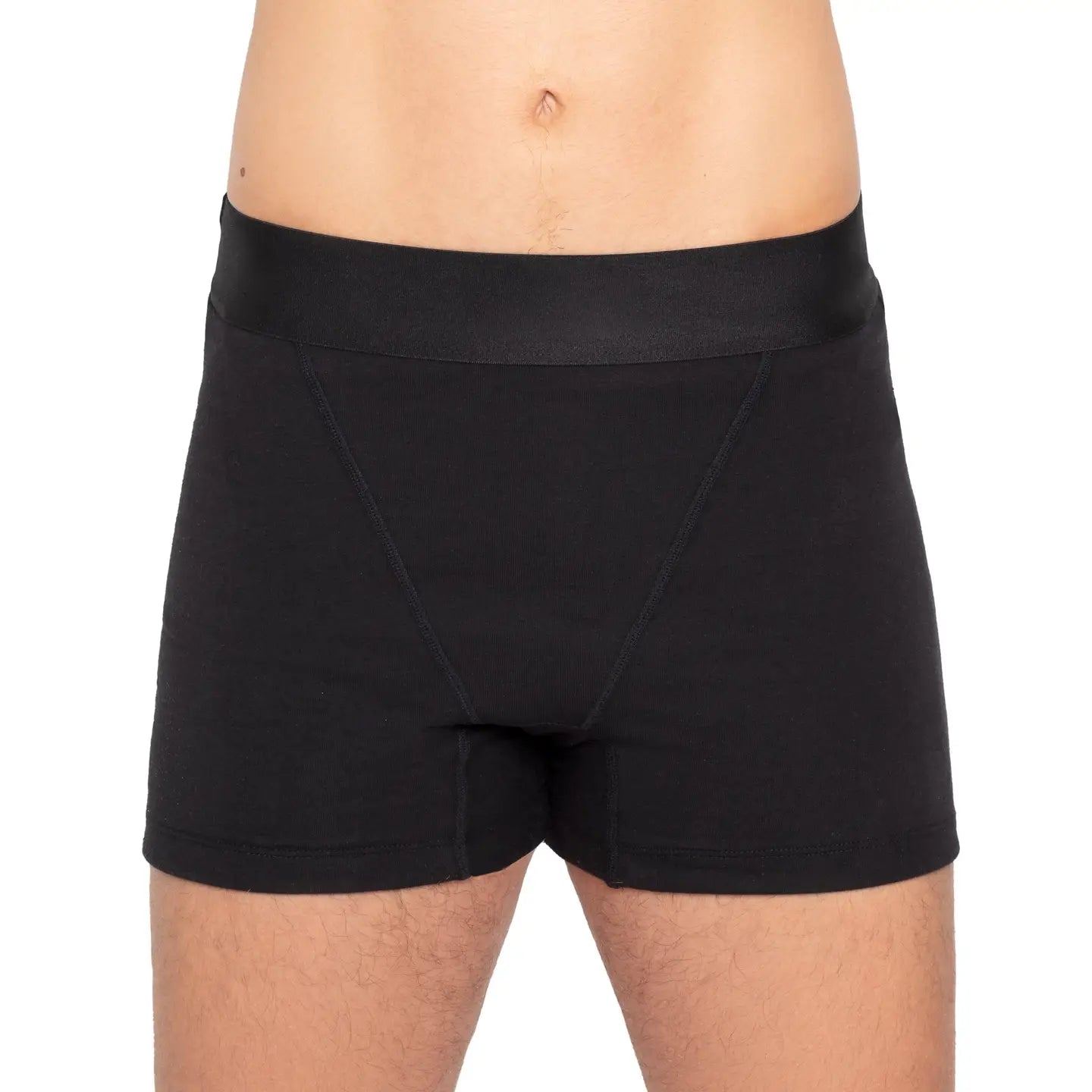 Black boxer period underwear worn by a person.