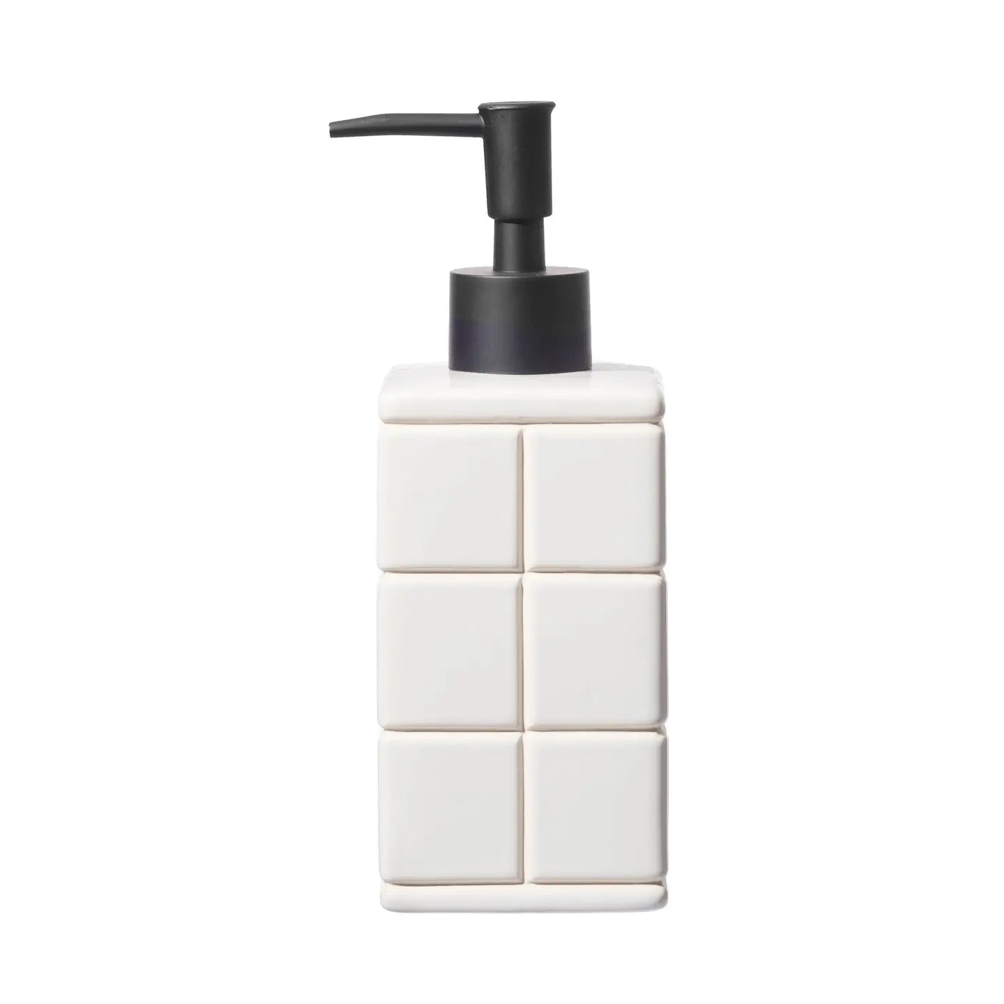 White ceramic tile soap dispenser. 