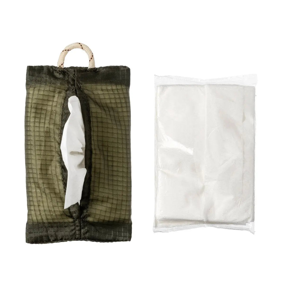 Upcycled tissue storage pouch in olive green. 